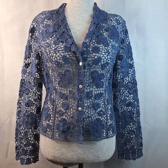 Lafei Nier Jackets & Blazers - Lafei-nier Boho Floral Crochet Lace Jacket Cardigan Top Denim Color Rhinestones